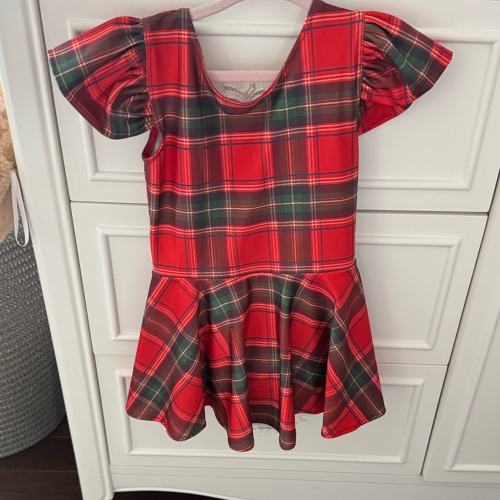Red Plaid Christmas leotard 3t Dress with Puff Sleeves
